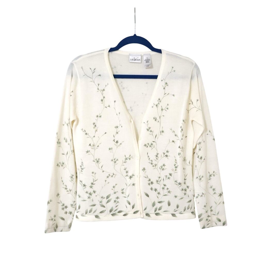 Vintage Villager Liz Claiborne Cream Green Leaf Floral Cardigan S Cottagecore